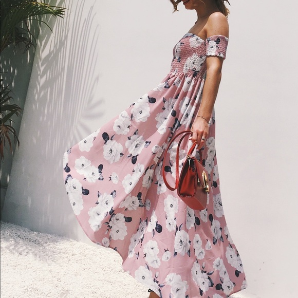 🆕Dust Pink Floral Off The Shoulder Dress - Picture 3 of 8